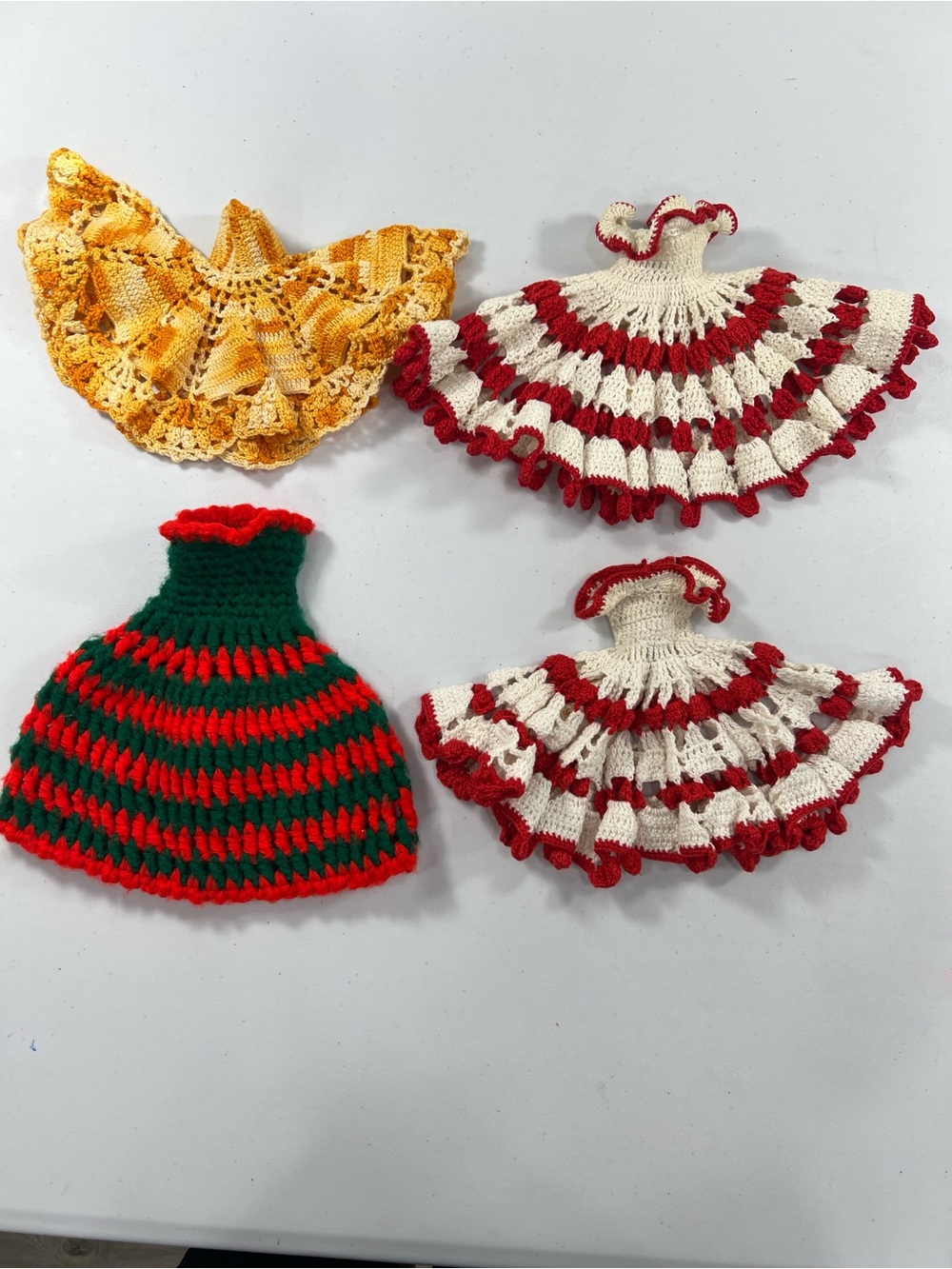 4 Vintage Handmade Crochet Doll Dresses - Red, Green & Yellow for Barbie Dolls
